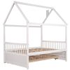Full size Wooden House Bed with Trundle and 3 Storage Drawers-White